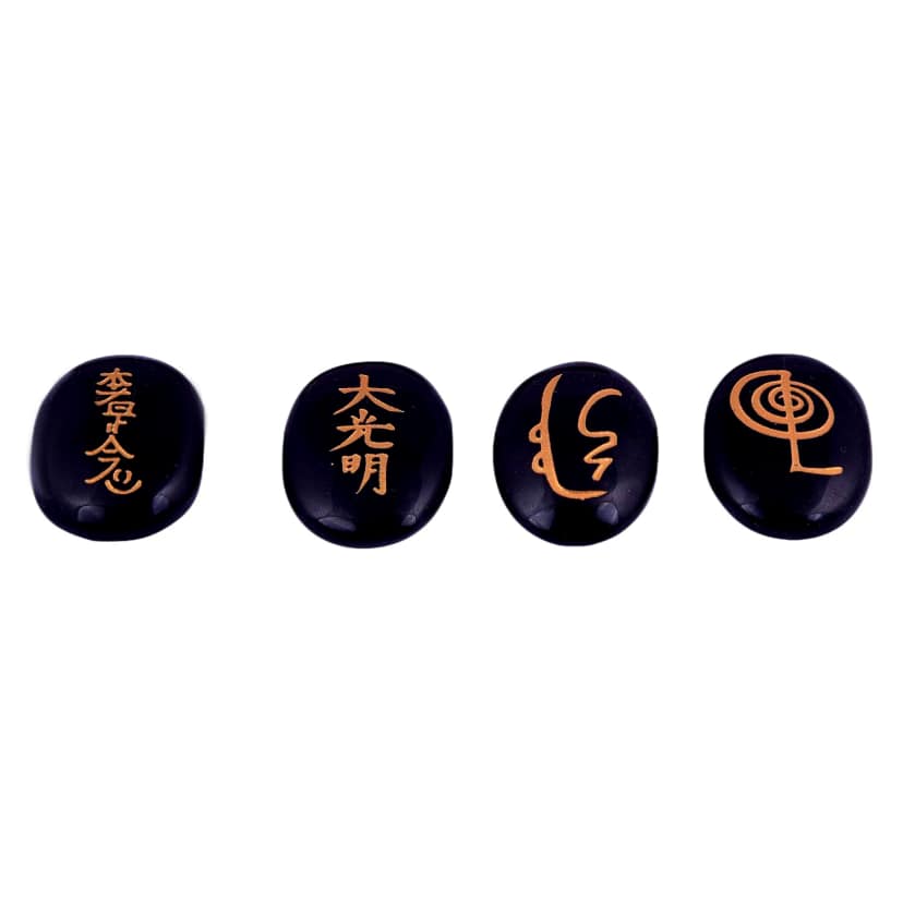 Set of 4 Usui Reiki Symbol Engraved, Black Tourmaline Stone, Oval Shape Usui Reiki Symbol, Reiki Set, Palm Stone, 4 Pcs with Wooden Box_0075(KI_75) by Krishna Impex view 2