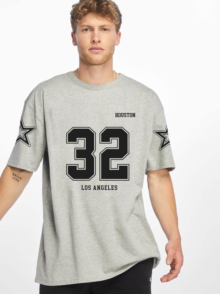 SCOTT FINCHER Men's Casual Short Sleeve Cotton T-shirt with HOUSTON and 32 Print in Black : AA(ARN)GREY_43