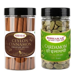 Bibhakar Premium Spices - Ceylon Cinnamon & Idukki Cardamom Combo - 100 gm - Two jars containing cinnamon sticks and whole cardamom pods 50g each