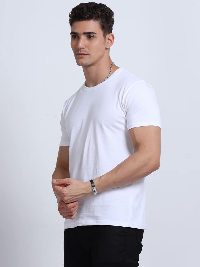 Cotton T-Shirt | Ultrafine Single Jersey | 180 GSM | Biowashed | Eco-Friendly | 100% cotton | Plain tshirt | White Colour | Size - L (42 Chest / 28 length )