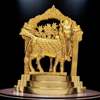 AMS Kalpavruksha Kamadhenu Cow Idol for Home | Vastu Decorative Showpiece | Gold Finish Wish-Fulfilling Cow with Kalpavriksha Tree | Gift for Pooja Room & Office | 10Hx8Lx4W cm (Gold)