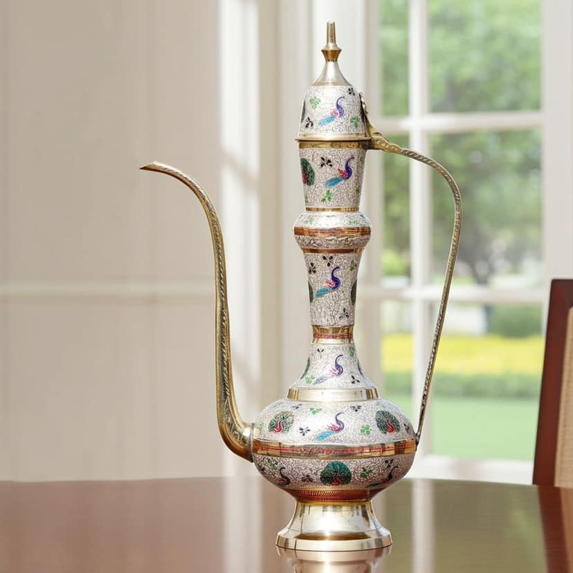 Brass Surahi Art Showpiece ? Traditional Aftaba Metal Decoration, Height : 16.5 Inch (FMAS497 A)