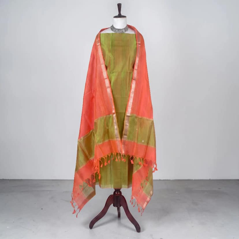 Mangalgiri Silk Cotton Dress Material with Floral Embroidery, Green view 4