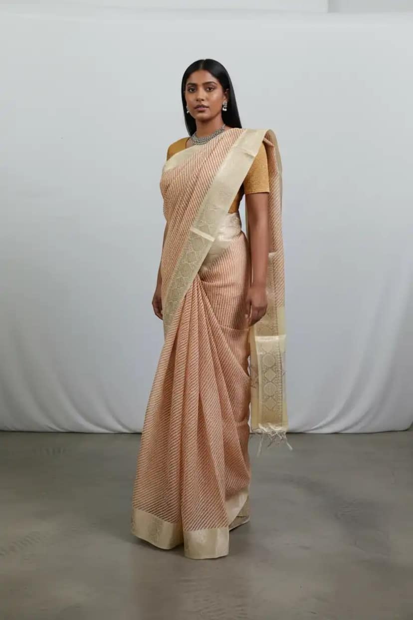 Light Gold Kota Doria Cotton-Silk Saree with Zari Border and Blouse