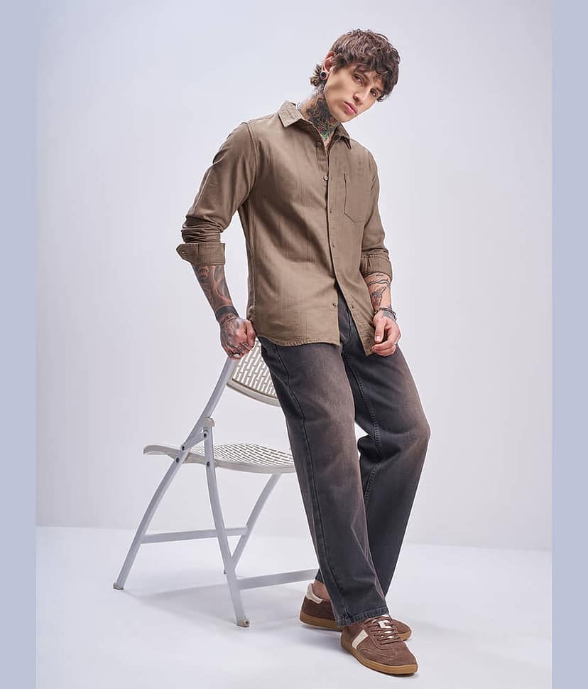 Highlander 100% Cotton Slim Fit Self Design Full Sleeves Men's Casual Shirt - Tan ( Pack of 1 ) view 2
