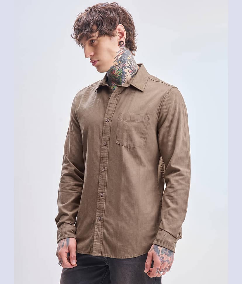 Highlander 100% Cotton Slim Fit Self Design Full Sleeves Men's Casual Shirt - Tan ( Pack of 1 ) view 4
