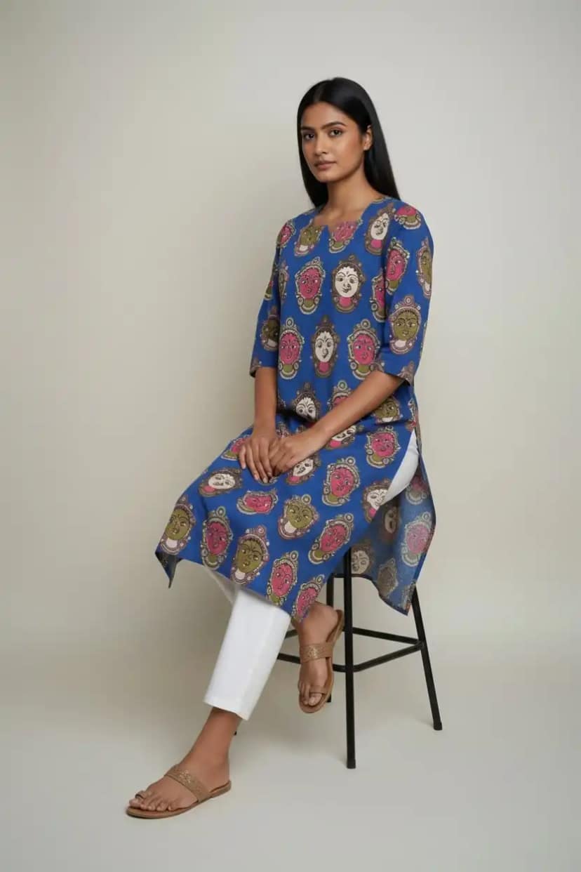 Pedana Kalamkari Screen-Print Cotton Kurti in Blue with Stylized Faces view 3