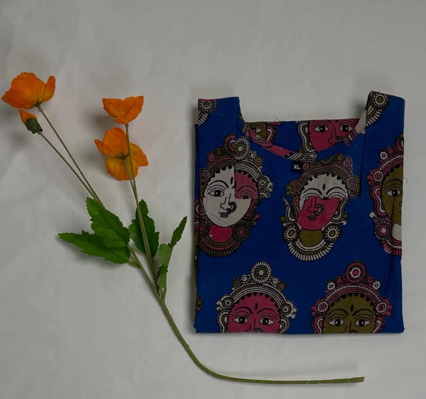 Pedana Kalamkari Screen-Print Cotton Kurti in Blue with Stylized Faces view 5