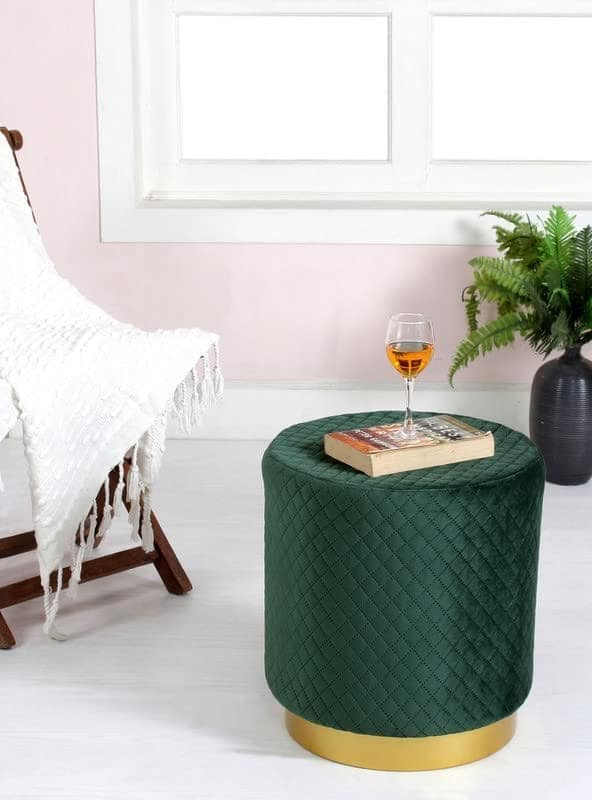 Shadowkart Ottoman Pouffes Sitting Mudda Puffy Stool for Living Room Dressing Table Pouf Round Footstool for Office Home Decor, Check Holland Velvet ,16x16x17 Inch