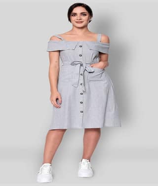 GOD BLESS Women Cotton Blend Solid Fit & Flare Dress ( Silver )