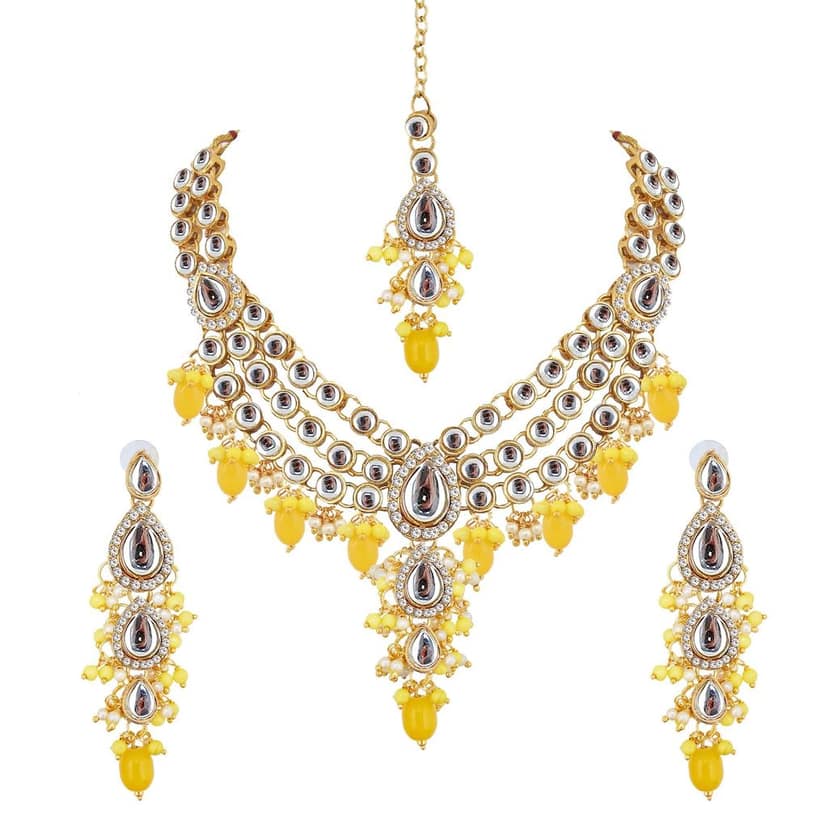 Lucky Jewellery Gold Plated White Yellow Color Tika Earring Necklace Combo Kundan Jewellery Set (726-MSK-3-LINE-Y) view 4