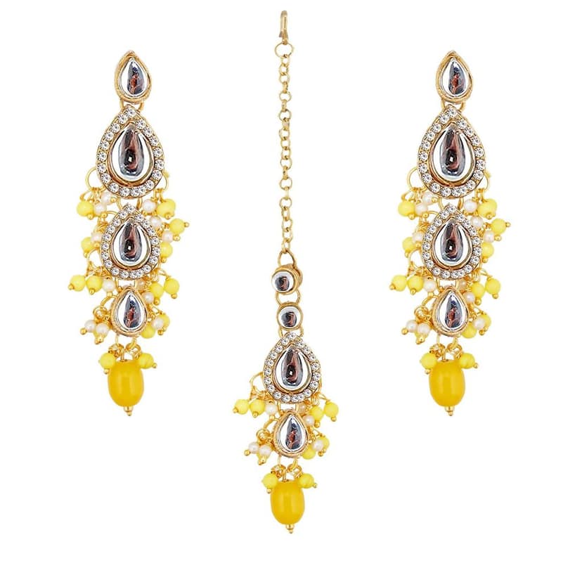 Lucky Jewellery Gold Plated White Yellow Color Tika Earring Necklace Combo Kundan Jewellery Set (726-MSK-3-LINE-Y) view 5