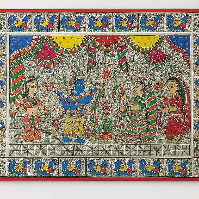 Traditional Madhubani Painting – Ram Sita Wedding with Mandala. view 2