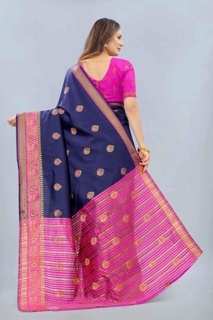 Women's Cotton Woven Navy blue Saree view 2