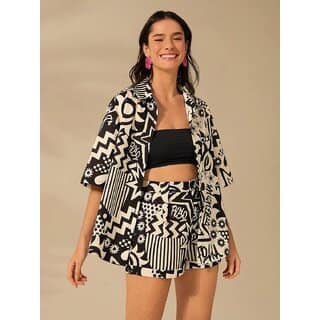 Bold Black White Abstract Print Co-ord Set for Women