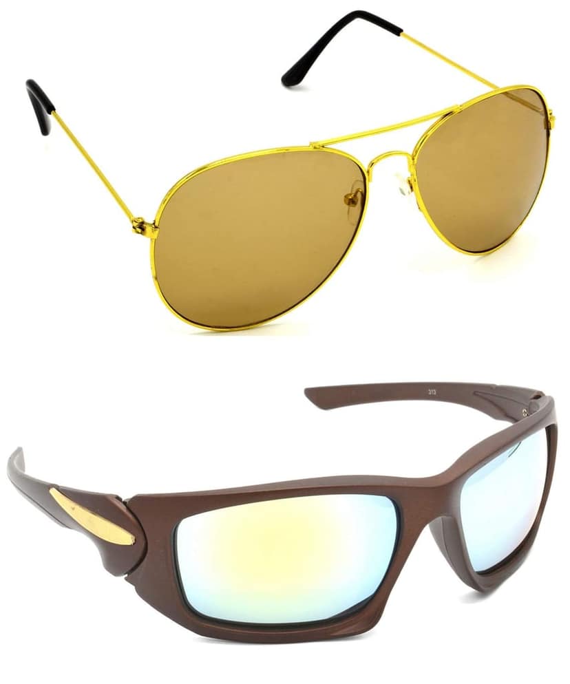 HRINKAR Unisex Pilot Sunglasses Golden & Brown Frame, Brown & Silver Lens (Medium) - Pack of 2