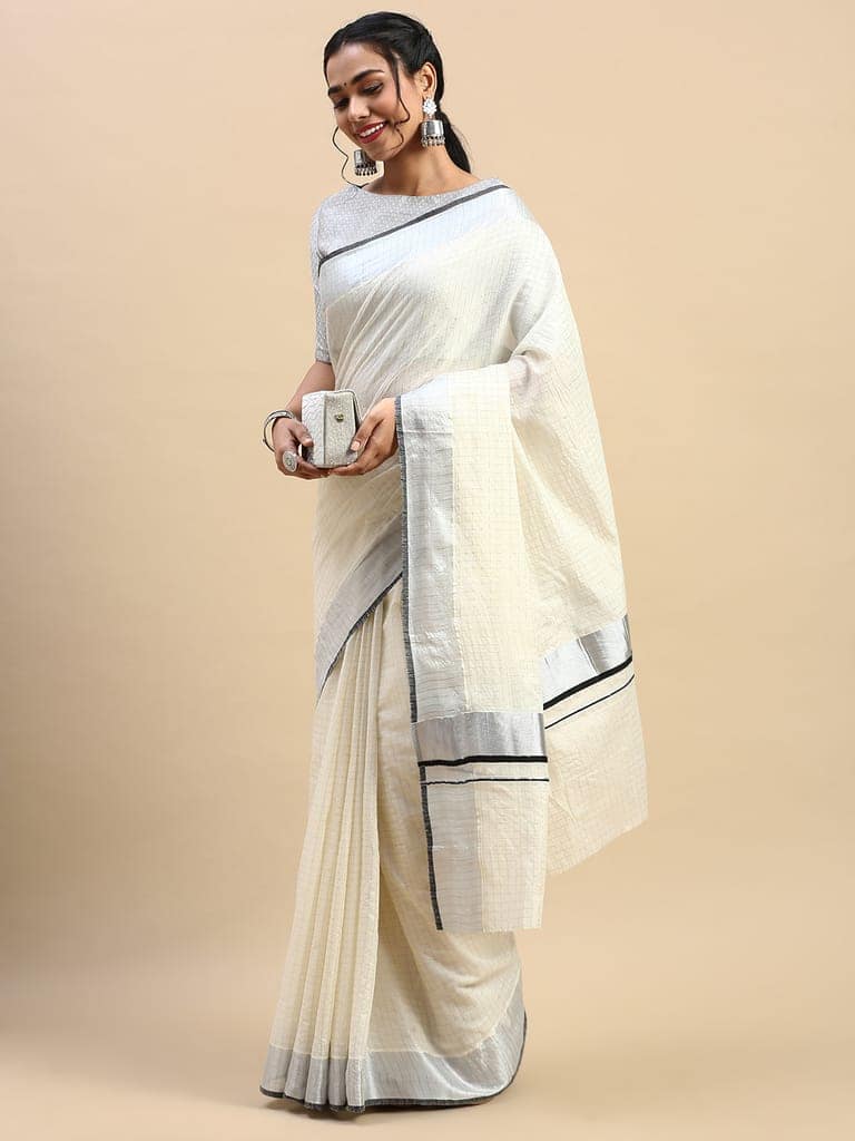 Kerala Saree Cream Silver & Black Colour Jari Border KS86 view 2
