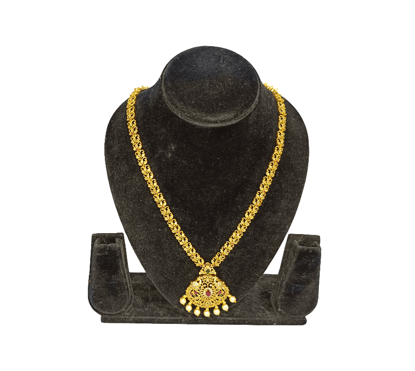 Traditional Gold-Plated Necklace with Embellished Pendant and Pearls (Big)