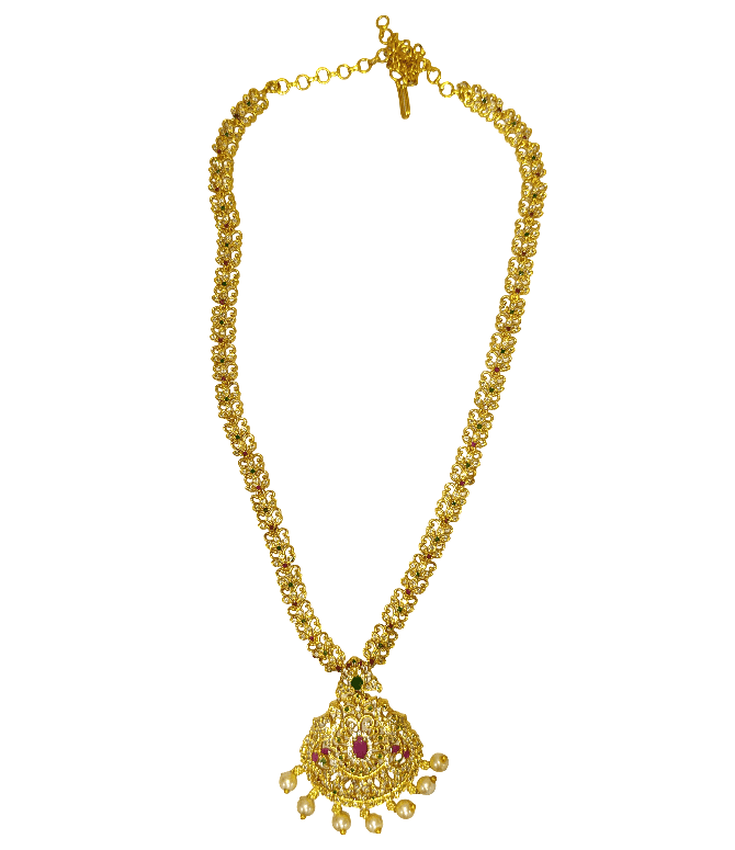 Traditional Gold-Plated Necklace with Embellished Pendant and Pearls (Big) view 2