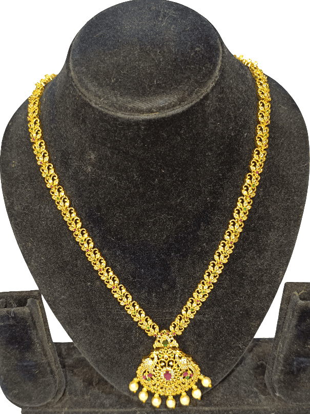 Traditional Gold-Plated Necklace with Embellished Pendant and Pearls (Big) view 3