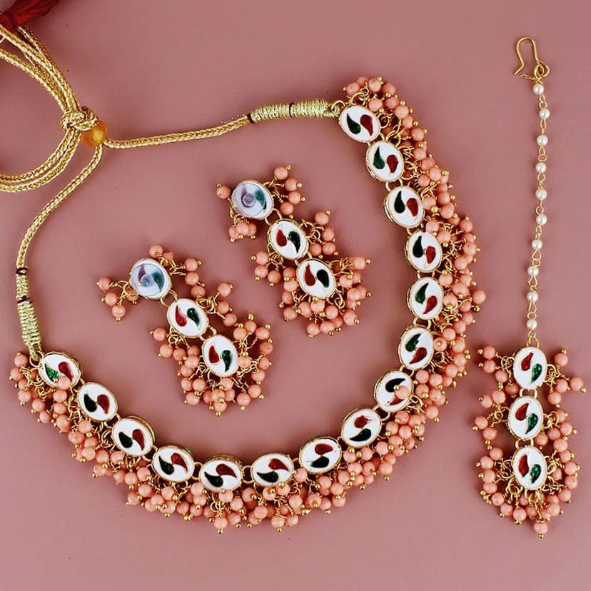 LUCKY JEWELLERY Back Meenakari 18k Gold Plated Peach Color Tika Earring Combo Uncut Big Faux Kundan Choker Necklace set (796-J5SK-1811-PH) view 2