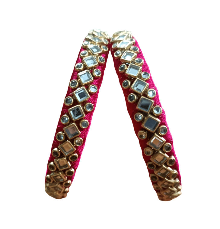 Elegant Fuchsia Thread Work Bangles with Mirror and Stone Embellishments (Pair)