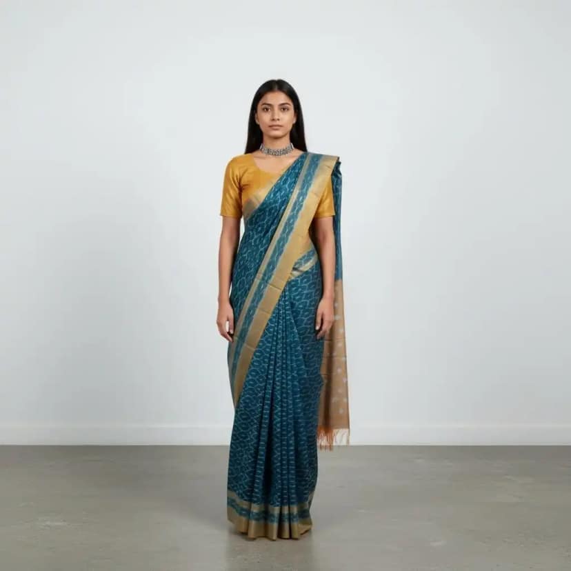 Indigo Blue Pochampally Ikat Saree in Mercerized Cotton, Temple Border