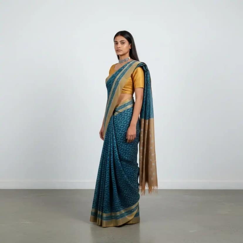 Indigo Blue Pochampally Ikat Saree in Mercerized Cotton, Temple Border view 2