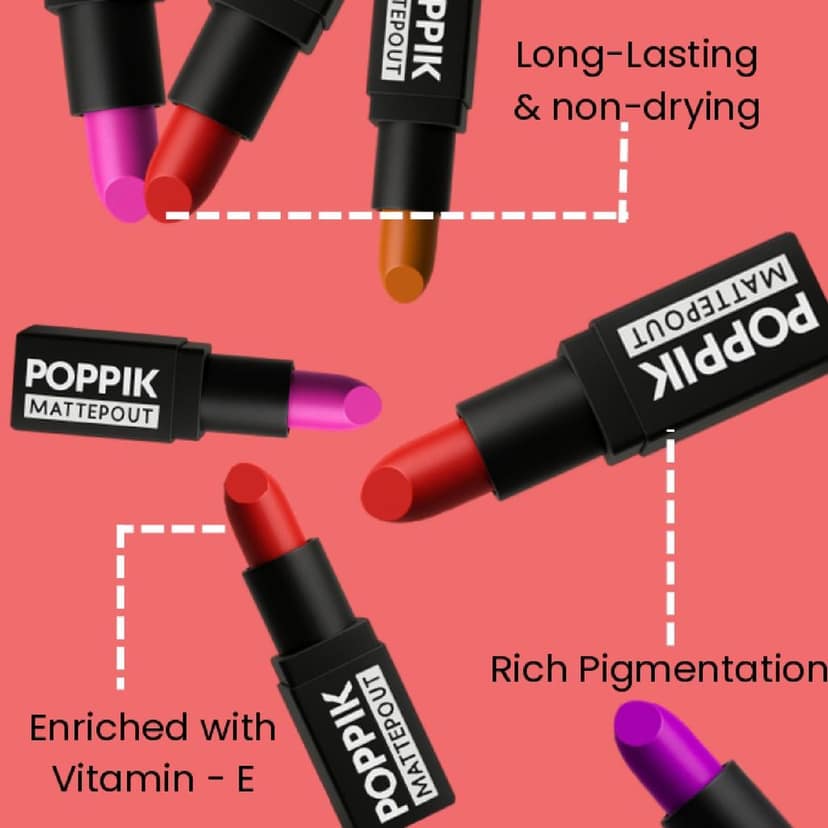 POPPIK Bullet Matte Lipstick for Women | Creamy Matte, Long Lasting Lip Color | High Coverage, Soft & Comfortable Formula | Daily Use Lip Makeup | Ideal for Casual Outings, Wedding, Gift | 3.8gm view 3