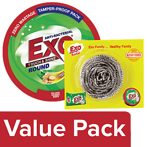 Exo Dish Wash - Round Anti Bacterial Withcyclozan 250 gm + Safal Steel Scrubber 1 pc, Combo 2 Items