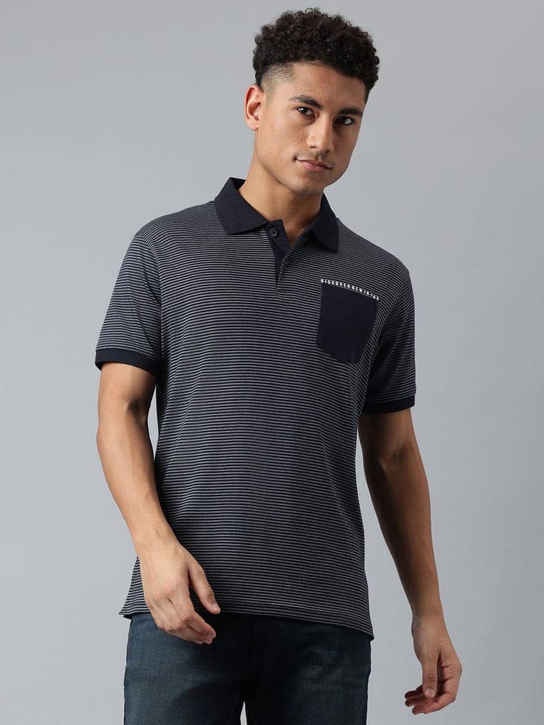 Men Navy Regular Fit Polo Neck T-Shirt