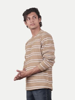 Men Beige Striped textured Pullover relaxed Sweatshirt