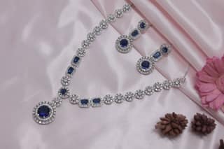 Silver-Toned Blue Stone Cubic Zirconia Necklace Earring Set