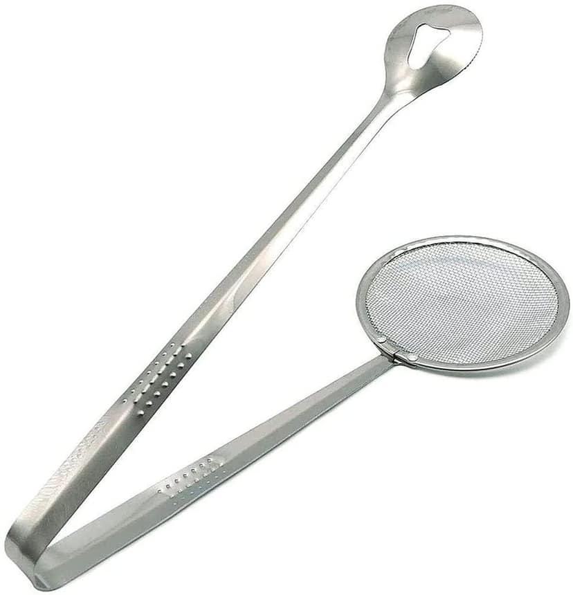 VillWin Kitchen Tool Multi-Functional 2 in 1 Stainless Steel Fry Tool Filter Spoon Strainer with Clip, Oil Frying BBQ Filter Mesh Strainer (Silver) view 2