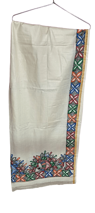 Handcrafted Bhagapuri Silk Dupatta with Vibrant Madhubani Painting - 78x40 Inches, Cream Color, Perfect for Weddings and Celebrations