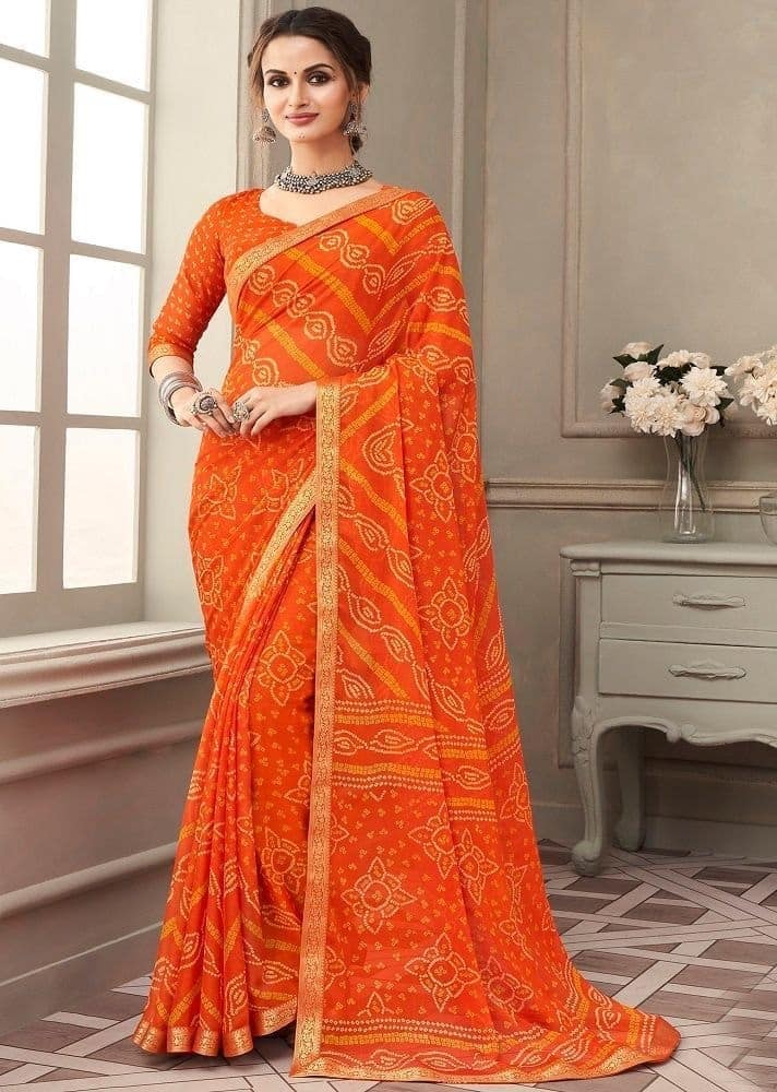 Bandhej Printed Chiffon Saree in Orange