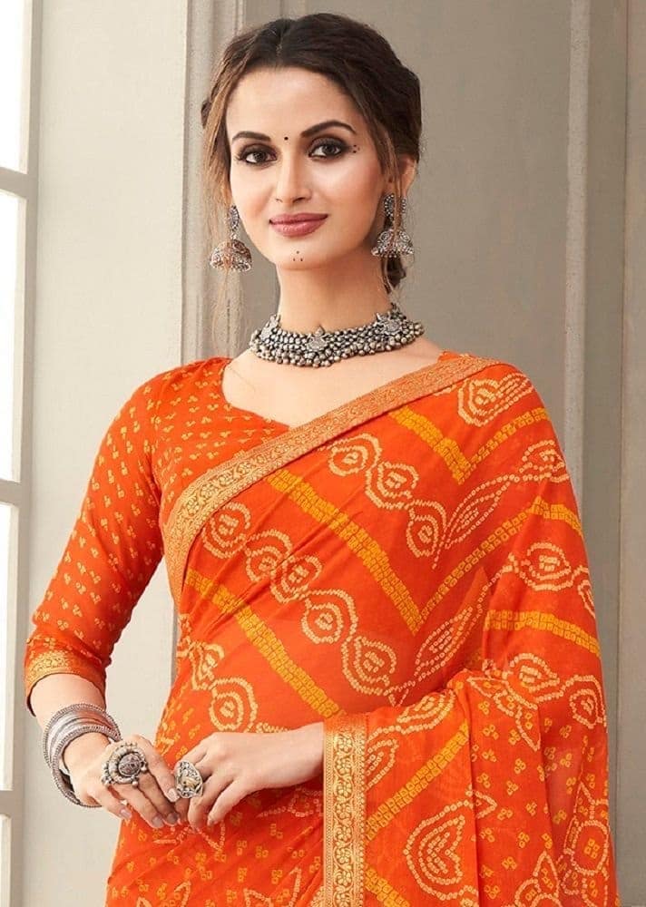 Bandhej Printed Chiffon Saree in Orange view 2