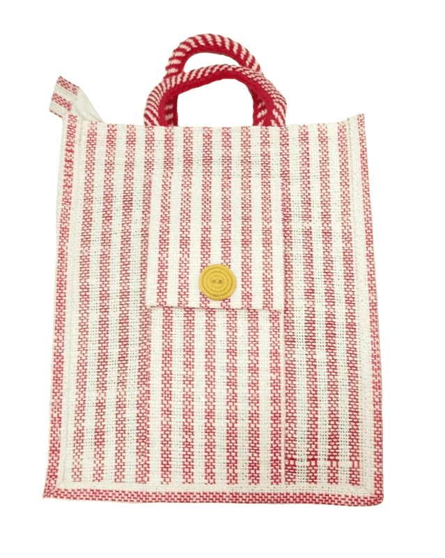 Red & White Striped Woven Jute Tote Bag with Rope Handles & Button | Eco-Friendly