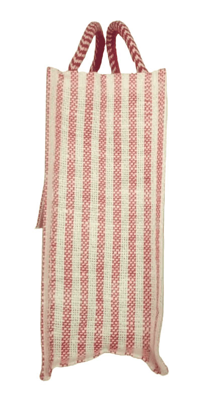 Red & White Striped Woven Jute Tote Bag with Rope Handles & Button | Eco-Friendly view 3
