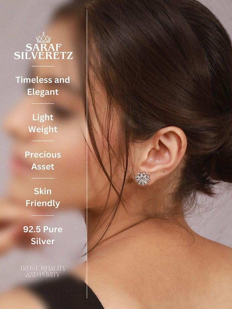 925 Sterling Silver CZ Studded Rhodium Plated Floral Clustered Studds Earrings view 5