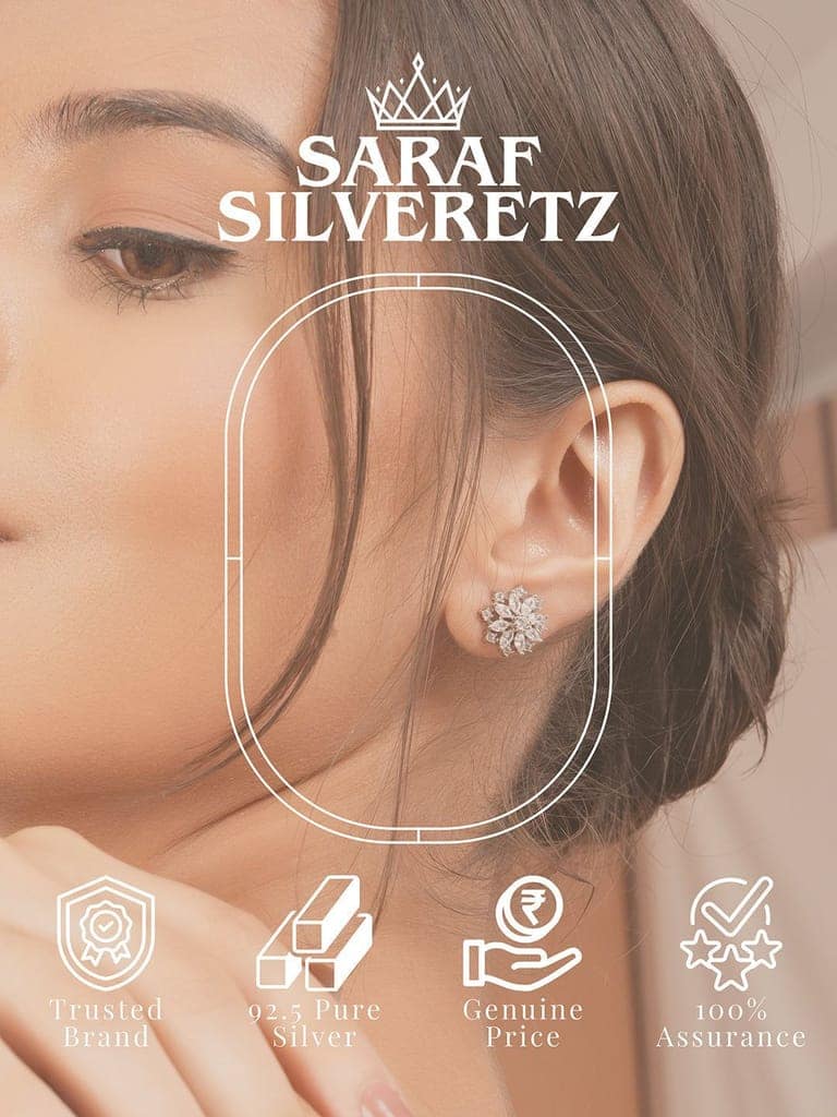 925 Sterling Silver CZ Studded Rhodium Plated Floral Clustered Studds Earrings view 6