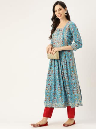 Women Floral Yoke Design Mirror Work Cotton Kurta