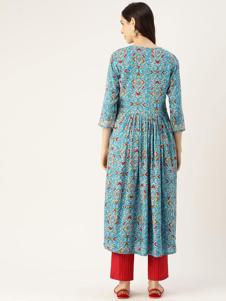 Women Floral Yoke Design Mirror Work Cotton Kurta view 3