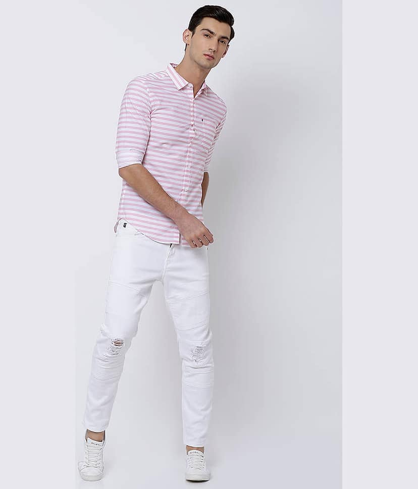 Highlander 100% Cotton Slim Fit Striped Full Sleeves Men's Casual Shirt - White ( Pack of 1 ) view 2