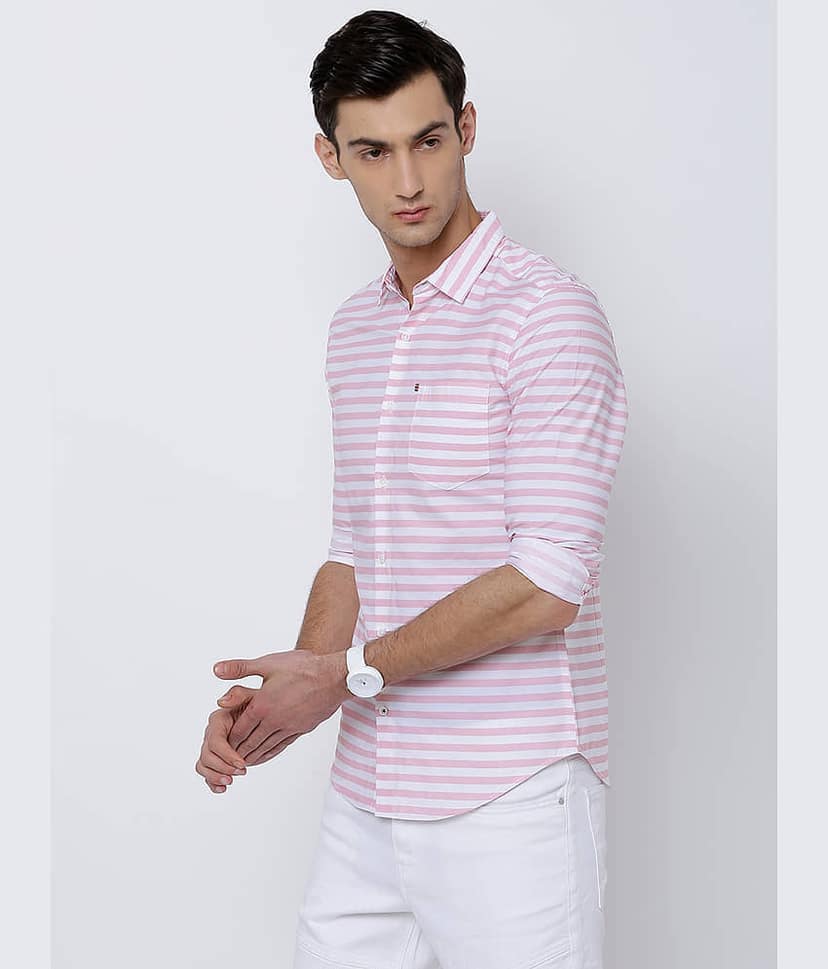Highlander 100% Cotton Slim Fit Striped Full Sleeves Men's Casual Shirt - White ( Pack of 1 ) view 4