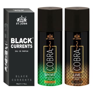 ST-JOHN Cobra Deodrant Live & Sports 150 ml each & Black Current 50ml Perfume Combo Pack Perfume Body Spray - For Men & Women (350 ml, Pack of 3)