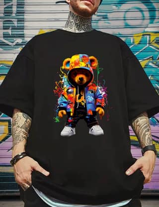 SCOTT FINCHER Men's Streetwear Hip Hop T-Shirt, Colorful Bear Graphic Tee, Casual Short Sleeve Cotton Tshirt, Summer Tops : AA(ARN)BLACK_250