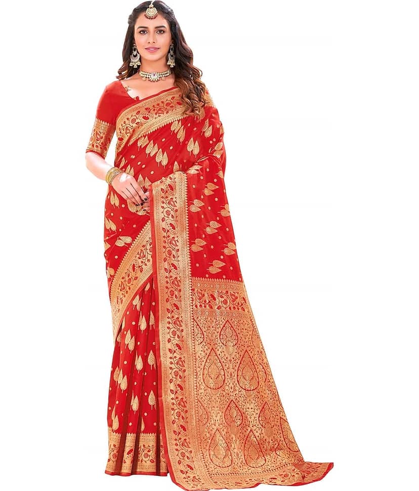 Dressy Banarasi Silk Self Design Saree With Unstitched Blouse Piece ( Red )