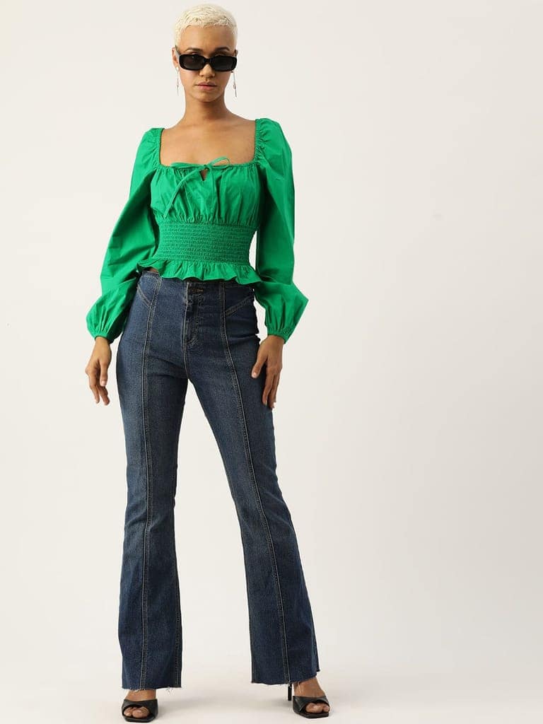 Tie-Up Neck Puff Sleeve Smocked Cotton Bardot Crop Top view 4