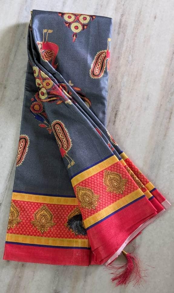 Graceful Grey Saree With Dancing Peacocks And Floral Paisley Motifs view 2